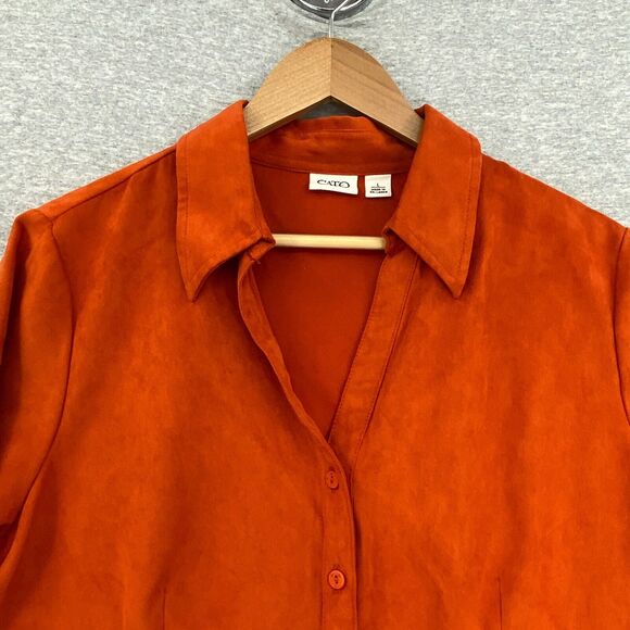 Cato Blouse Womens Large Orange Faux Suede V Neck Button Up Long Sleeve Fitted - Picture 4 of 10
